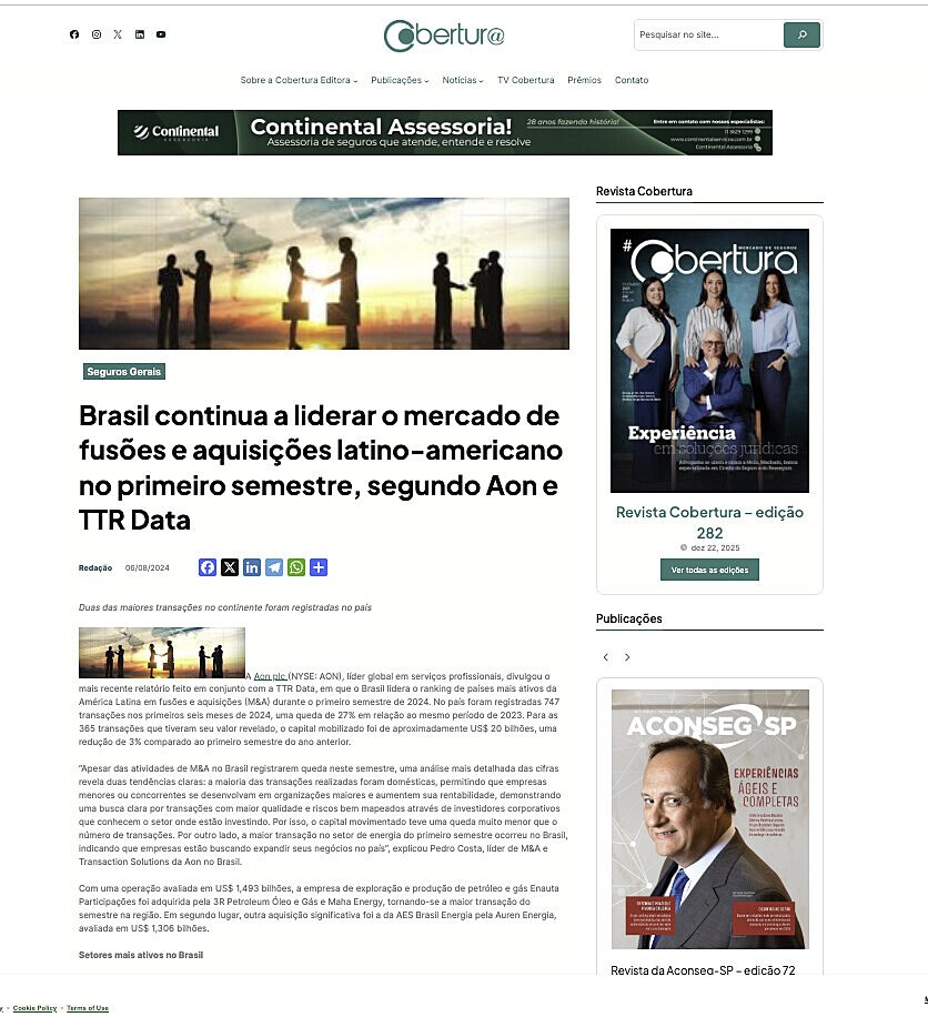 Brasil continua a liderar o mercado de fus�es e aquisi��es latino-americano no primeiro semestre, segundo Aon e TTR Data